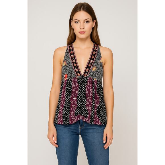 Free People Dream Darlin' Printed Deep V-Neck Top Women’s Size Small - Picture 1 of 9